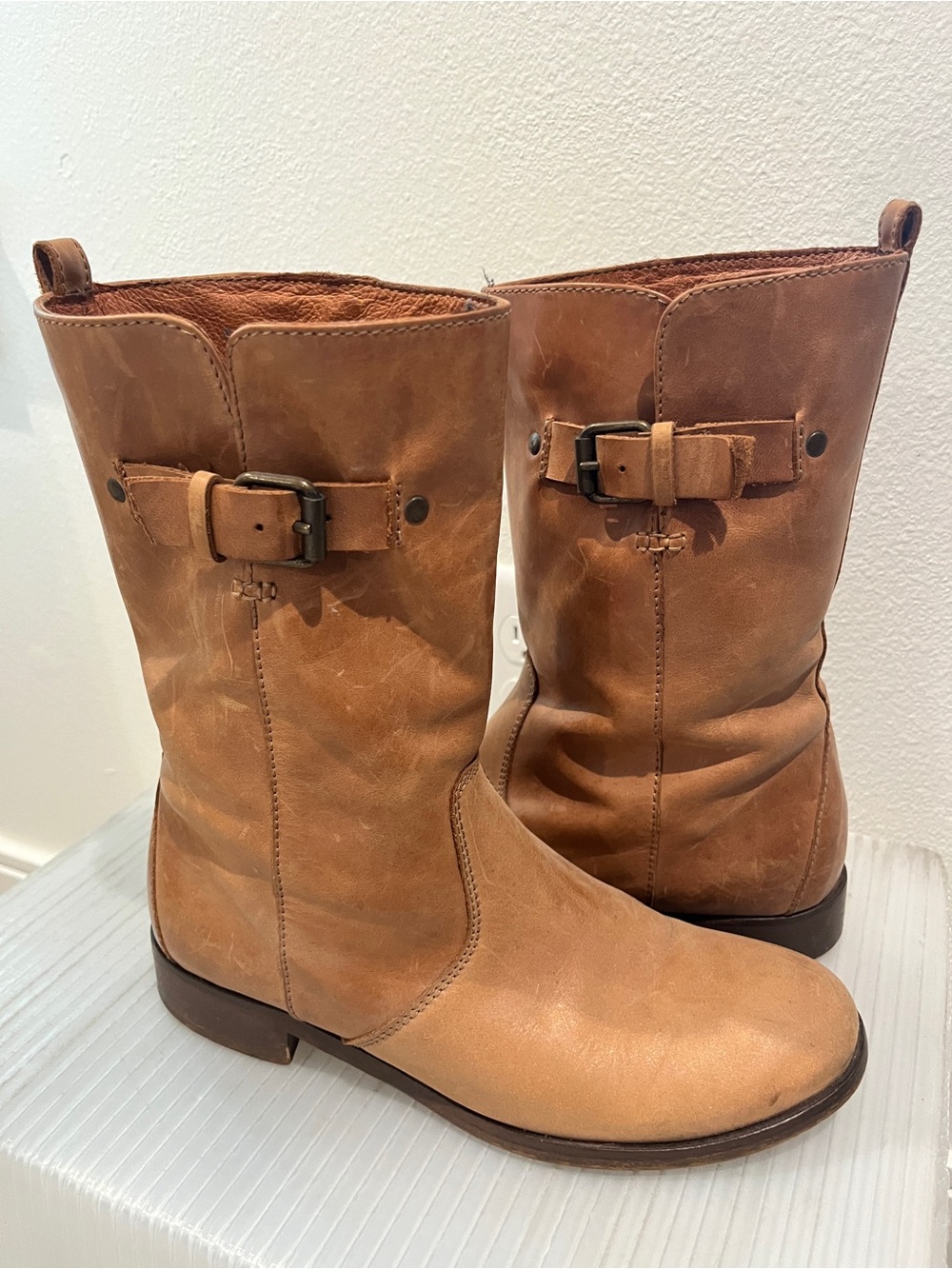 J. Crew Tan Leather Mid-Calf Buckle Boots